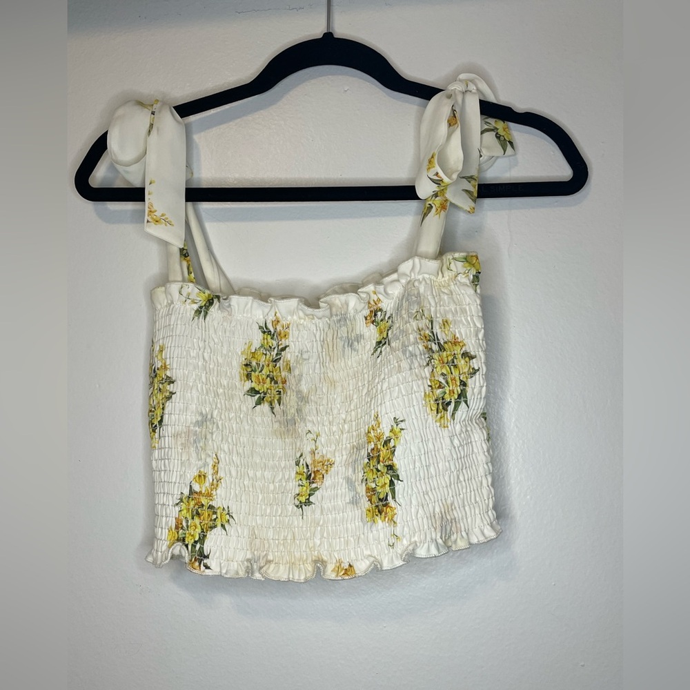 Show Me Your Mumu Floral Smocked Cropped White Top